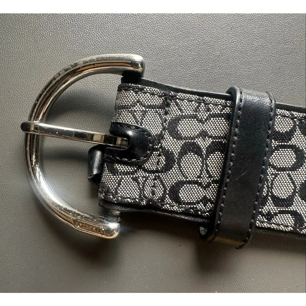 Coach Classic Mini Monogram Silver Buckle Black and white Belt 3977